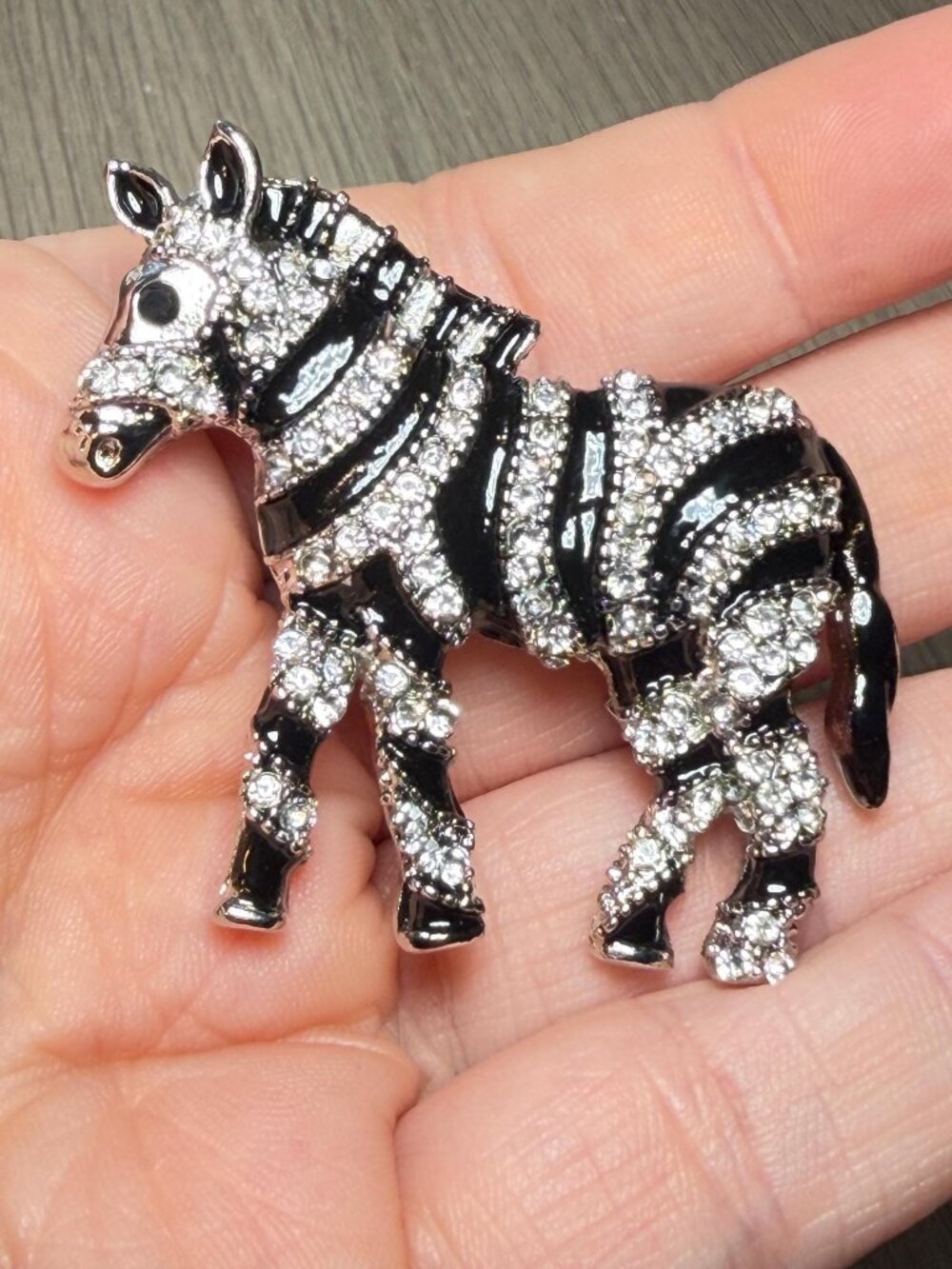 Zebra Brooch Black White Rhinestone Animal Pin Safari Jewelry